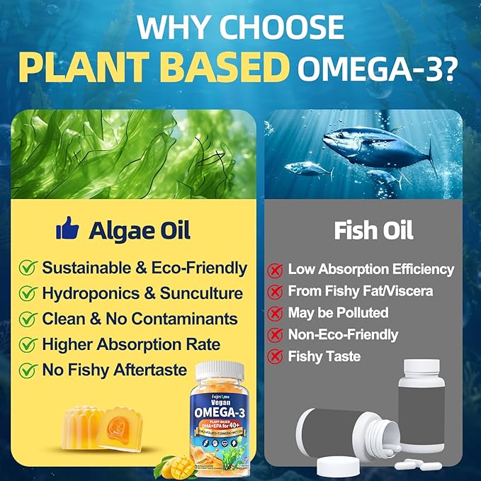Vegan Omega 3 Gummies for Women Men 40+: 1280mg Algae Omega 3 Fatty Acid Supplements with DHA EPA Omega3 Vitamin D3 K2 Coq10 Zinc Support Brain Health - Adults Fish Oil Alternative (60Count)