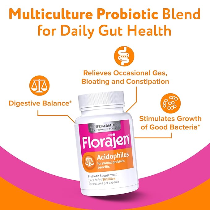 Florajen Acidophilus Probiotics Gut Health Vaginal Health and Immune Support Supplement Constipation and Bloating Relief for Adults 90 Capsules (Refrigerated)