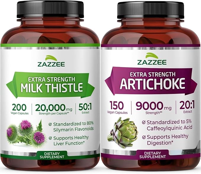 Zazzee Artichoke Leaf &amp USDA Organic Milk Thistle | 20:1 Artichoke Leaf Extract Plus 50:1 Milk Thistle Extract | Liver Cleanse Detox Bundle