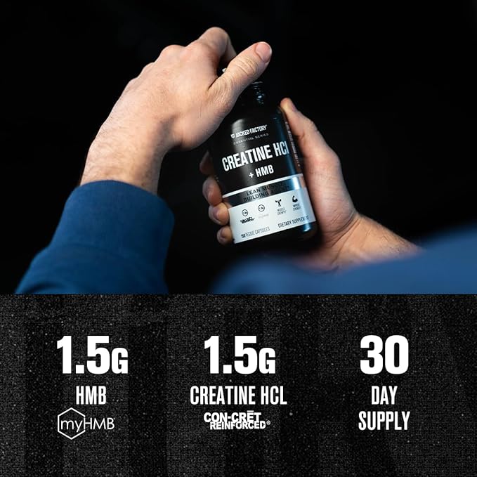 Jacked Factory Creatine HCL + HMB Capsules - Synergistic CON-CRET myHMB &amp Vitamin D Formula for Improved Growth Strength &amp Reduced Muscle Breakdown - 150 Capsules