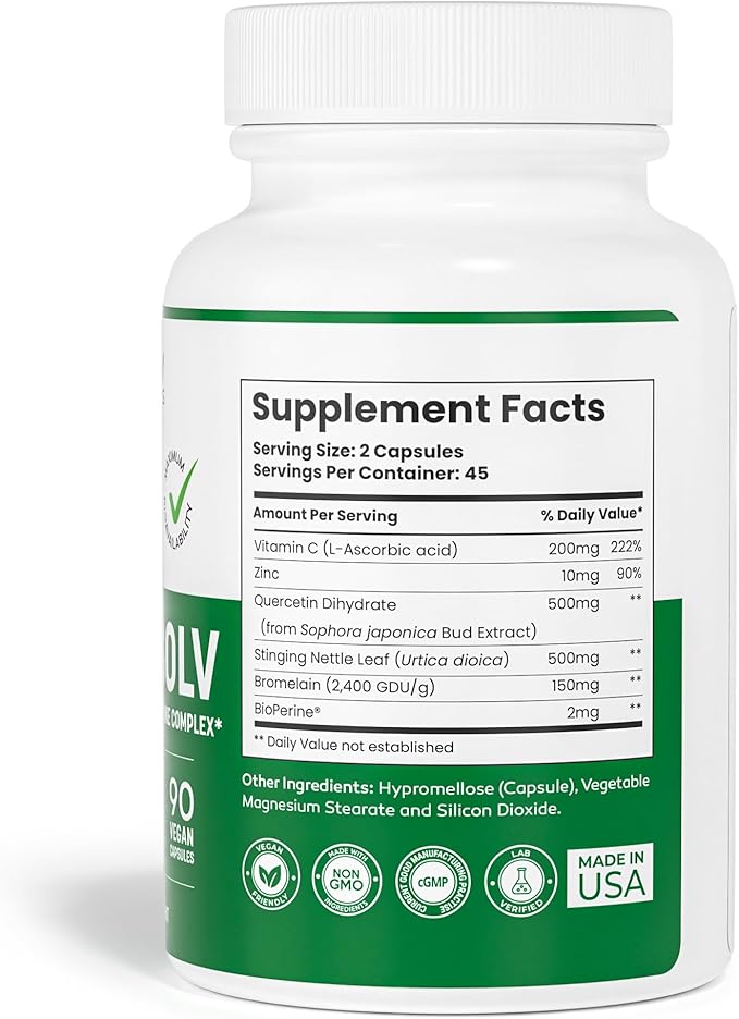 ALLERSOLV Quercetin with Bromelain Advanced Allergy and Immune Complex Non-GMO with Vitamin C and Zinc Stinging Nettle Leaf 500mg Natural Allergy Supplements 90 Veggie Capsules
