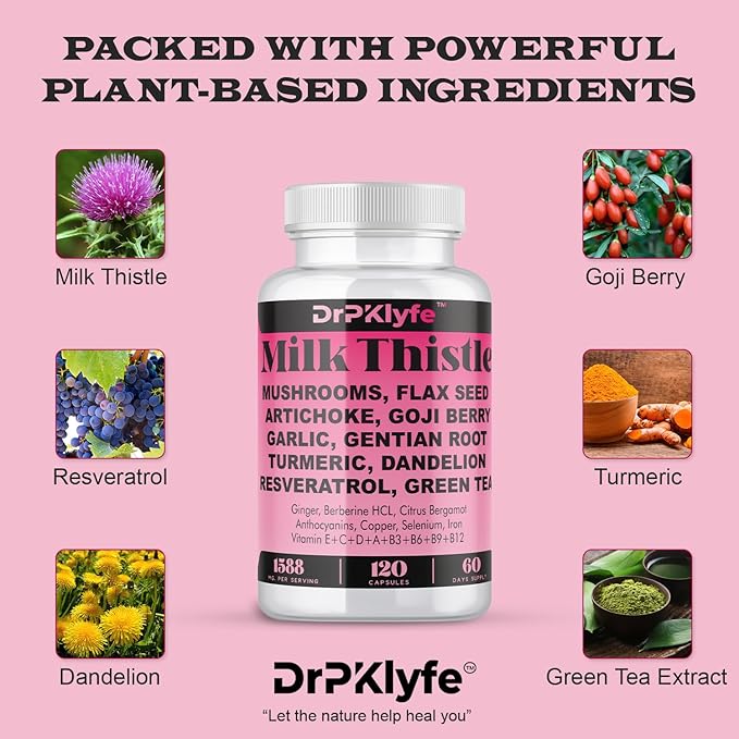 Milk Thistle Capsules for Liver Detox &amp Cleanse Support – with Dandelion Root Resveratrol Artichoke Moringa Silymarin – 120 Capsules (60-Day Supply)