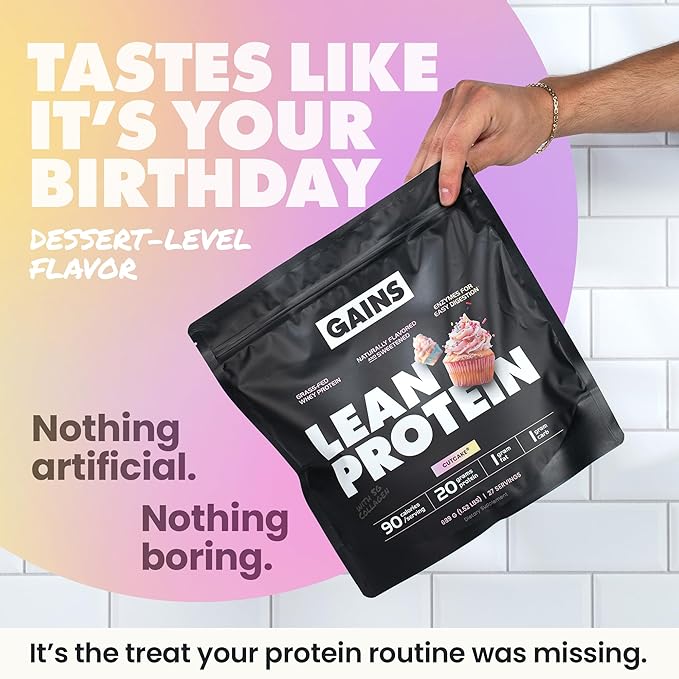 Gains in Bulk Lean Protein Powder with Collagen Peptides Gluten Free Grass Fed Whey 20G Protein &amp 5G Collagen Plant Enzymes to Support Digestion Natural Ingredients Cutcake Flavor 27 Serving