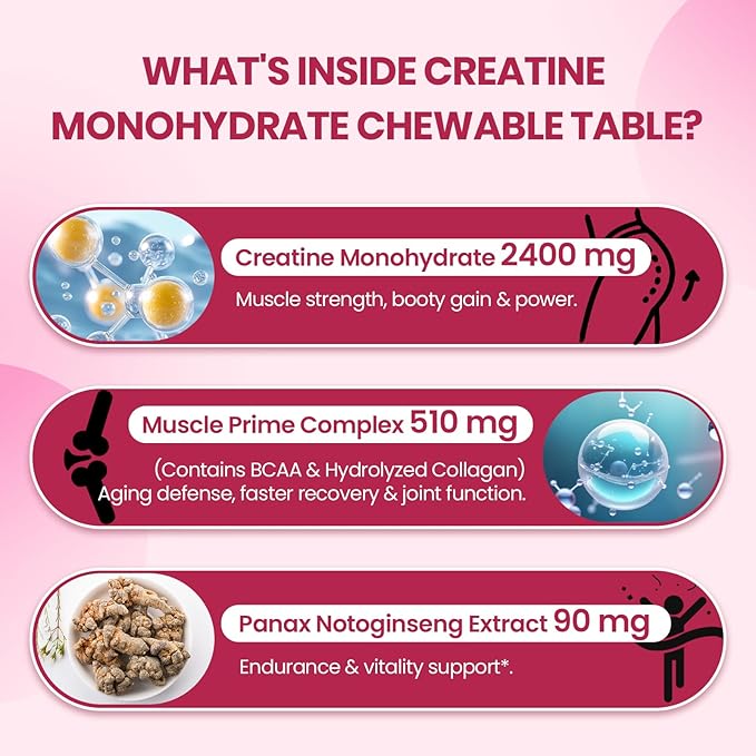 Creatine for Women | with Hydrolyzed Collagen BCAA | 3G Creatine Chews for Women Booty Gain Lean Muscles Recovery &amp Energy Vegan Sugar Free Creatine Powder Alternative 60 Servings