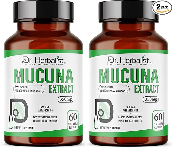 Dr. HERBALIST Mucuna Pruriens Extract 350mg – 60 Vegan Capsules | 10:1 Extract = 3500mg Concentrated and Standardized | Premium Velvet Bean Extract | All-Natural and Non-GMO (Pack of 2)