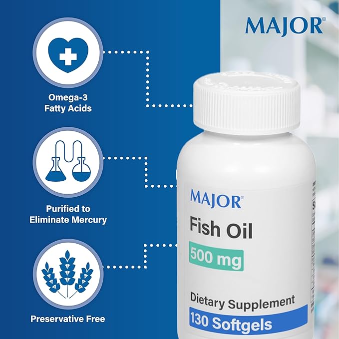MAJOR Fish Oil 500mg Softgels - Omega-3 Fish Oil Supplement - Dietary Supplement - 130 Count (3 Pack)