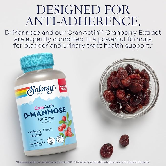 Solaray D-Mannose 1000mg with CranActin Cranberry Supplement 400mg Urinary Tract Health &amp Bladder Support Capsules with Vitamin C Vegan 60 Day Guarantee 75 Servings 150 VegCaps