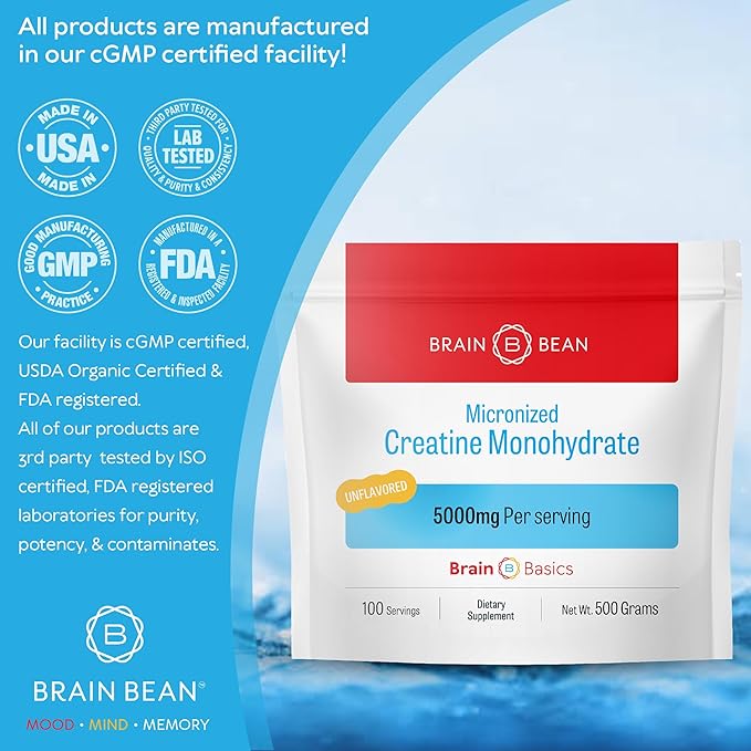 Brain Bean 500mg Unflavored Micronized Creatine Monohydrate Powder Helps Boost Energy for Brain Health - Non-GMO Gluten-Free Creatine Powder Supports Muscle Health (Made in USA)