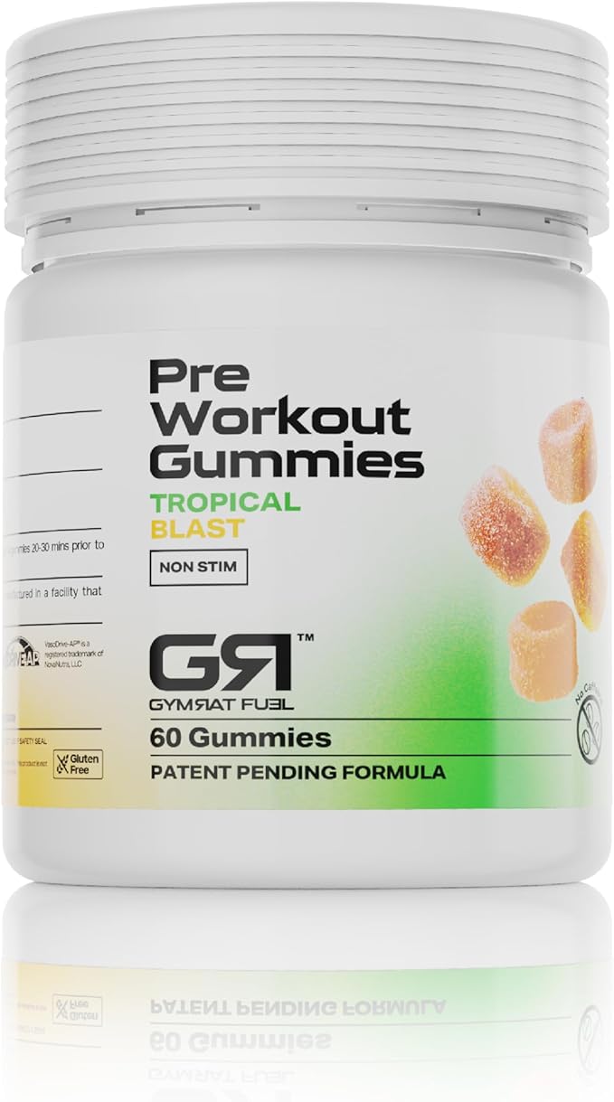 Pre Workout Gummies – Tropical Blast Long Lasting No Crash Vegan Energy &amp Focus Boost USA Made &amp GMP Certified with VasoDrive-AP and Vitamin B 12 for Men &amp Women (60 Count)