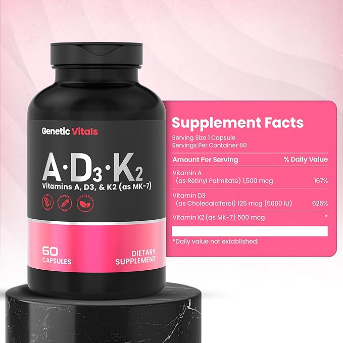 ADK - Dietary Supplement with Vitamins A D3 &amp K2 (MK-7) – Supports Bone Strength Heart &amp Immune Health – Vegetarian Gluten-Free – 60 Capsules