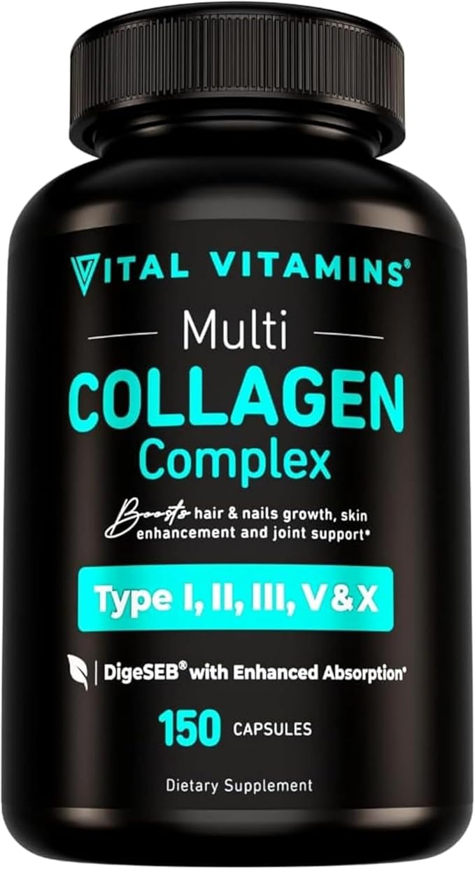 Vital Vitamins Multi Collagen Capsules - Type I II III V X - Grass-Fed Collagen Peptides Supplements Non-GMO - for Men &amp Women - 150 Count