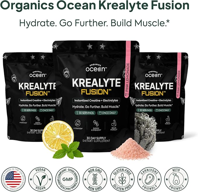 Organics Ocean Krealyte Fusion - Instantized Creatine Monohydrate Powder with Electrolytes - Muscle Strength Endurance &amp Hydration Support - Vegan Sugar-Free Pink Lemonade Flavor - 120 Servings