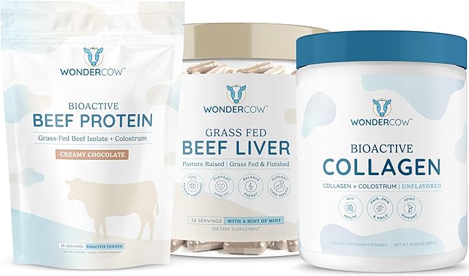 WONDERCOW Collagen Peptides + Grass-Fed Beef Liver Capsules + Beef Protein Isolate with Bovine Colostrum – Non-GMO Wellness Bundle – 3-in-1 Daily Support