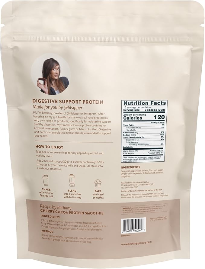 BETHANY'S PANTRY Digestive Support Protein Powder - Vegan Pea Protein with Probiotics &amp L-Glutamine - Only 5 Ingredients Non-GMO Project Verified No Artificial Sweeteners Gluten Free (Cocoa)