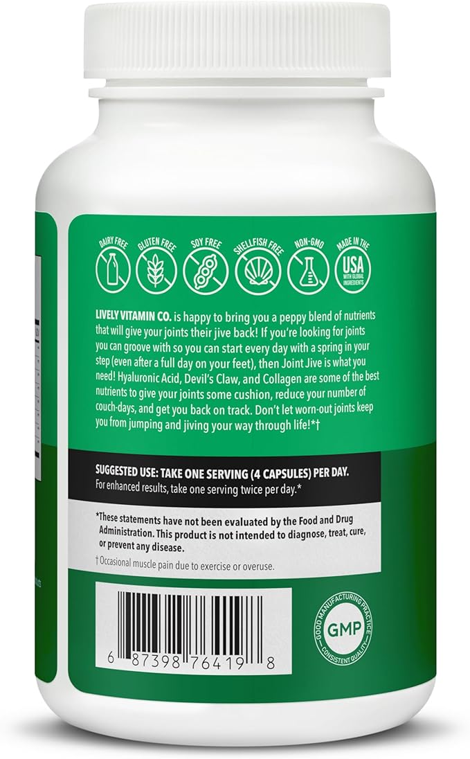 LIVELY VITAMIN CO. Joint Jive - Lubricate Joints (Knee Ankle Neck Shoulder Back) - Collagen - Glucosamine - MSM - Quercetin - Chondroitin - Devils Claw - Shellfish-Free Formula - 120 Count