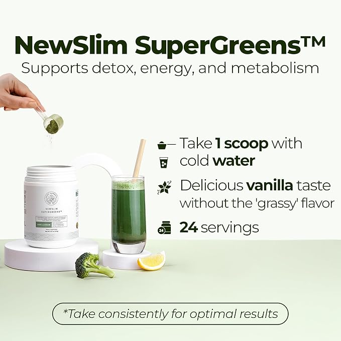 Happy Mammoth NewSlim SuperGreens with Spirulina Chlorella &amp Prebiotics Blend for Adults Supports Metabolism Energy &amp Reduces Carb Cravings 24 Servings Vanilla Flavor