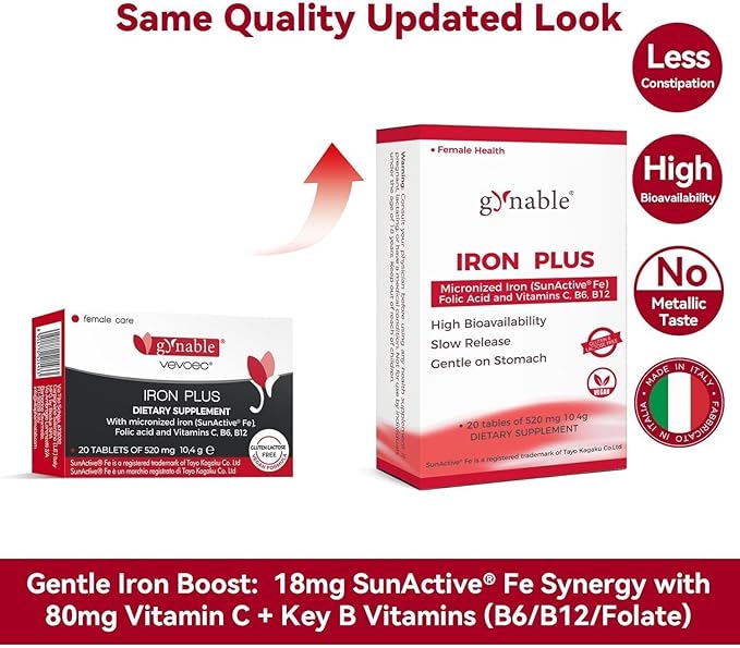 Gentle Iron Supplement for Women Anemia: Slow Release Iron Pills Clinically Shown to Support Iron for Prenatal Pregnant Patented SunActive Tech with Folic Acid B12 Vitamin C &amp B6 18 mg 20 Tab
