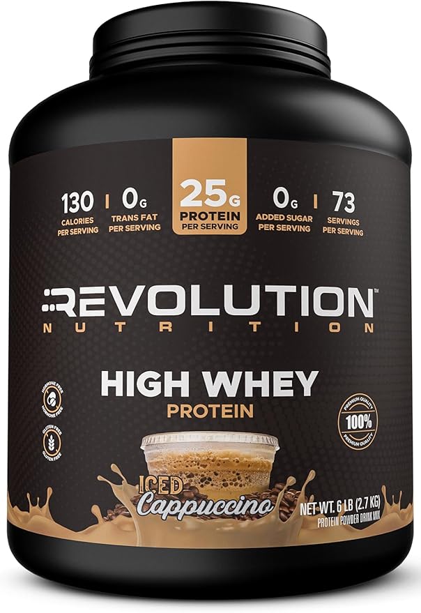 Revolution Nutrition High Whey Protein Powder 6LB Whey Isolate Gluten Free Lean Muscle Mass for Men &amp Women 25g of Protein Per Scoop 2.7kg 73 Servings (Iced Cappuccino 6 Pound)
