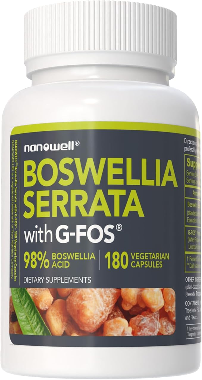 NANOWELL Boswellia Serrata with G-FOS - 98% Boswellic Acid - Supports Joint &amp Mobility Health - 180 Vegan Capsules 180 Day Supply
