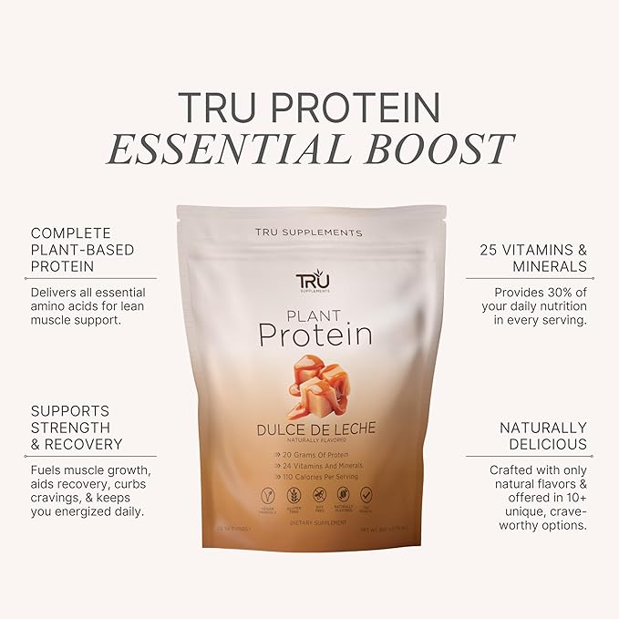 TRU Supplements Plant Based Protein Powder BCAA EAA 20g Vegan Brown Rice &amp Pea Protein 100 Calories 27 Vitamins No Artificial Flavors 25 Servings 25 Servings (Dulce De Leche)