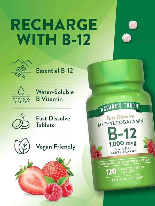 Nature's Truth Vitamin B-12 1000 Mcg Methylcobalamin Fast Dissolve Tabs Natural Berry Flavor 120 Count (Pack of 3)