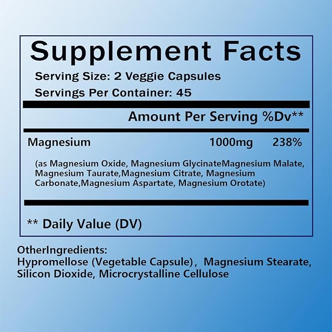 Magnesium Complex Supplement - 8 Elemental Magnesium 1000mg - Glycinate Citrate Malate Taurate Chelated | Easy Absorption Energy Support | Vegan Non-GMO 90 Capsules (1pc)