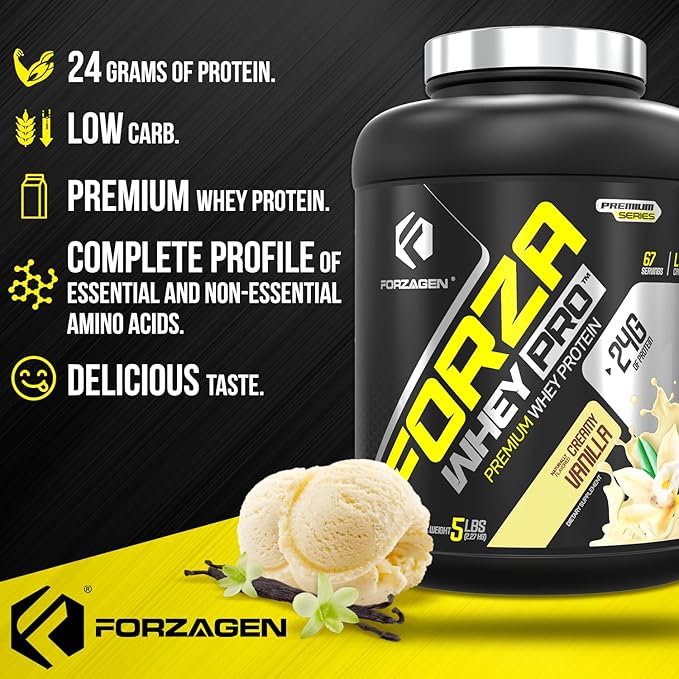 Forzagen Whey PRO Low Carb Protein Powder | 24g of Protein per Serving No Added Sugar Gluten Free Premium Whey for Shakes &amp Mixes for Men &amp Women BCAA | Vanilla 5 lbs. (67 Servings)