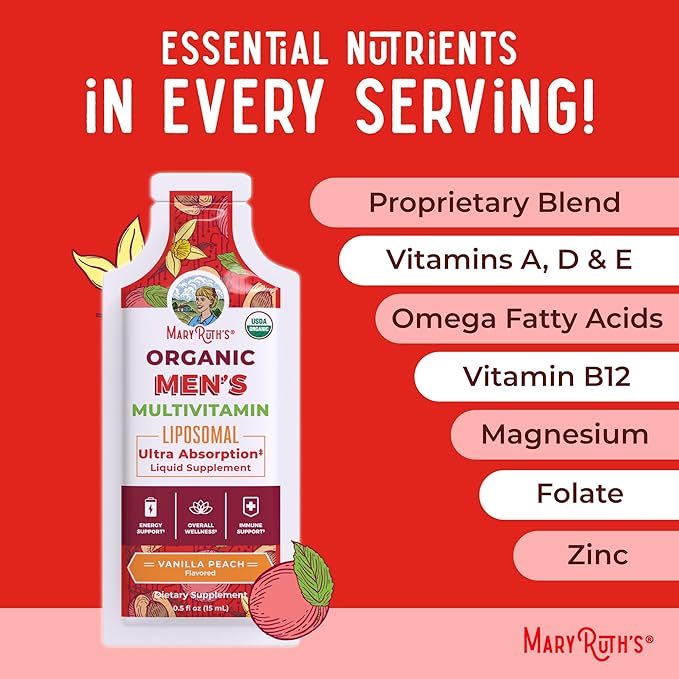 MaryRuth Organics Multivitamin for Men | USDA Organic | Sugar Free Mens Multivitamin Liposomal | Liquid Vitamins for Men | Immune Support Supplement &amp Overall Wellness | Vegan | 14-0.5 Fl Oz Pouch