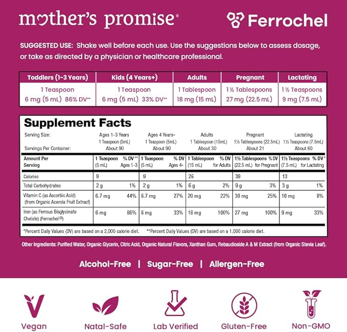 Organic Liquid Iron Supplement for Women Men &amp Kids with Vitamin C | Sugar Free Natural Berry Flavor Non Constipating Vegan Ferrochel® Iron Supplements for Healthy Blood Prenatal &amp Postnatal