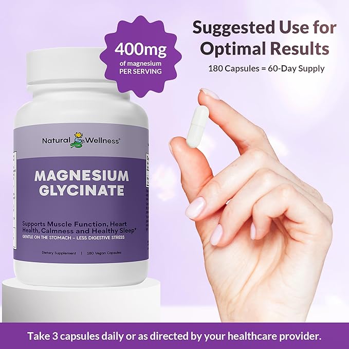 Natural Wellness Magnesium Glycinate – High Absorption Magnesium Supplement for Relaxation Restful Sleep Bone &amp Heart Health and Muscle Function – Gentle on Stomach 180 Vegetarian Capsules