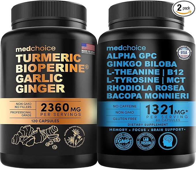 MEDCHOICE Turmeric &amp Ginger (120ct) and Nootropic Brain (60ct) Supplement Bundle - Wellness Duo for Joint Digestion Brain &amp Mood Support - Vegan Non-GMO Gluten-Free