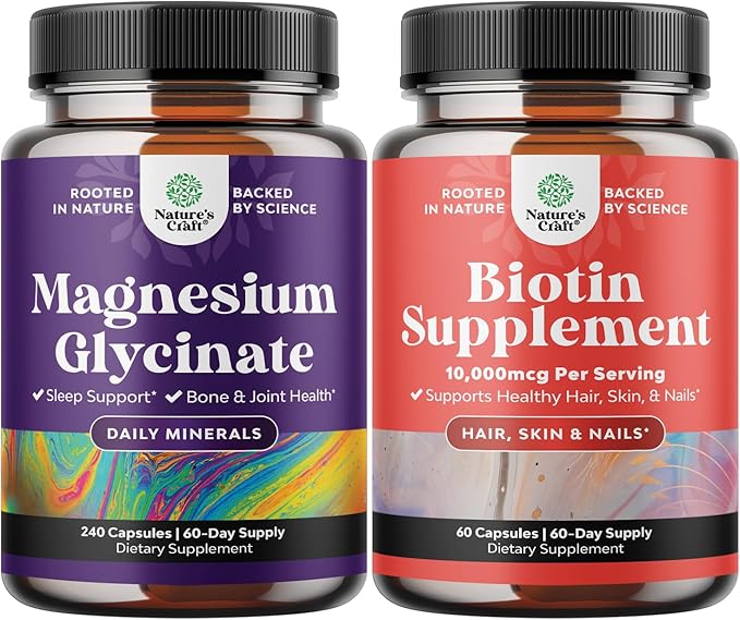 Bundle of Pure Magnesium Glycinate Supplement 400mg Per Serving for Mood Sleep &amp Relaxation Support and 10000 mcg Pure Biotin Pills - Promotes Thicker &amp Fuller Hair - Get Clear Skin Strong Nai