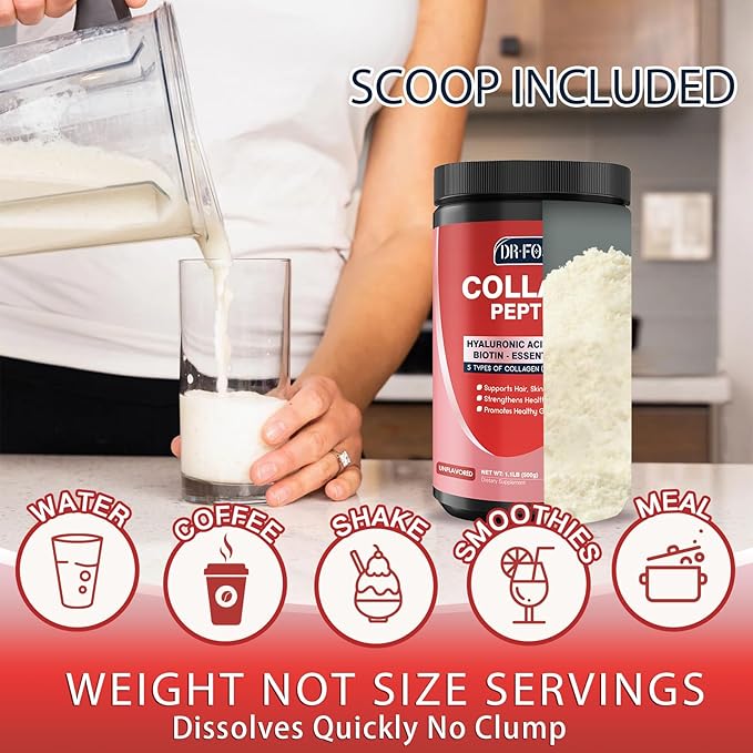 DRFOSTER Multi-Collagen-Peptide-Powder with Probiotics 50 Servings of Hydrolyzed Collagen Peptides with Hyaluronic Acid Biotin &amp Multivitamins - Supports Skin Hair Nails Health (Pack of 2)