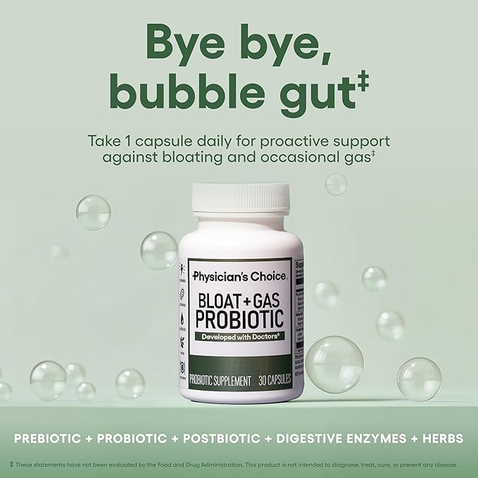 Physician's CHOICE Bloat &amp Gas Probiotic 5-in-1 Proactive Support + Daily Relief - Digestion &amp Gut Health- Herbals Digestive Enzymes Post &amp Prebiotics - Gas Relief for Adults - Women &am