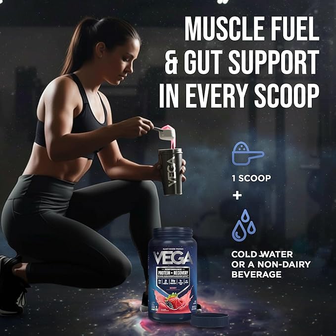 Vega Sport Vegan Protein Powder + Recovery - 30g Plant Based Protein per Serving Berry 19 Servings 5g BCAAs Probiotics NSF Certified for Shakes &amp Smoothies 1.8lbs (Packaging May Vary)