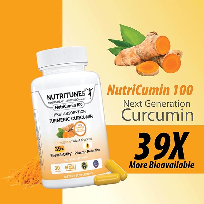 High Absorption Turmeric Curcumin Supplement –39X Enhanced bioavailability – 100% Turmeric Matrix – Vegan Non-GMO – 500mg – 30 NutriCumin 100 Capsules