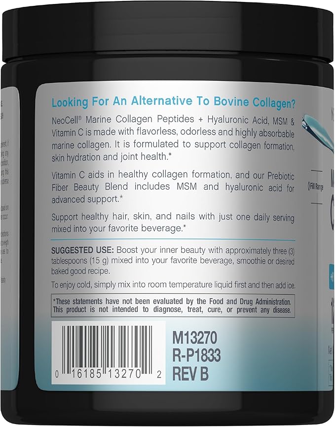 NeoCell Marine Collagen Peptides Powder | 7 oz | Unflavored Supplement | with Vitamin C and MSM | Plus Hyaluronic Acid | Prebiotic Fiber Beauty Blend | Hair Skin &amp Nails | for Women and Men