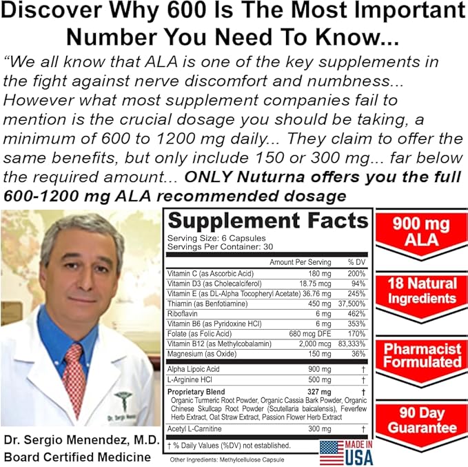 Neuroturna Support Supplement with 900 mg Alpha Lipoic Acid - Advanced ALA Formula for Feet Hands Fingers Legs - Ultra Potent 18 in 1 Natural Vitamins - 180 Capsules