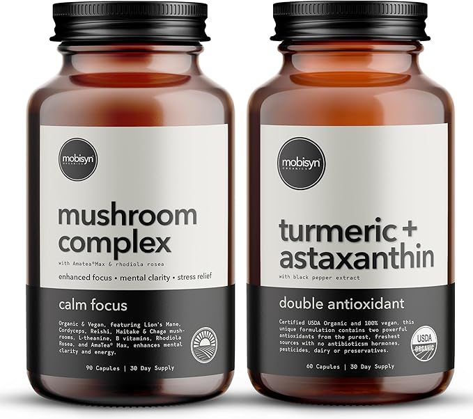 Organic Body &amp Mind Supplement: Astaxanthin with Turmeric Curcumin Antioxidant Powerhouse and Organic Mushroom Nootropic Adaptogen for Calming Focus