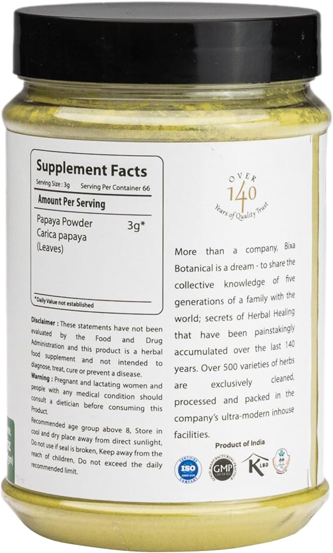 bixa BOTANICAL Papaya Leaf Powder (Carica Papaya) | Ayurvedic Herb Anti-oxidant Agent | Herbal Supplement (200g/7Oz) (Pack of 2)