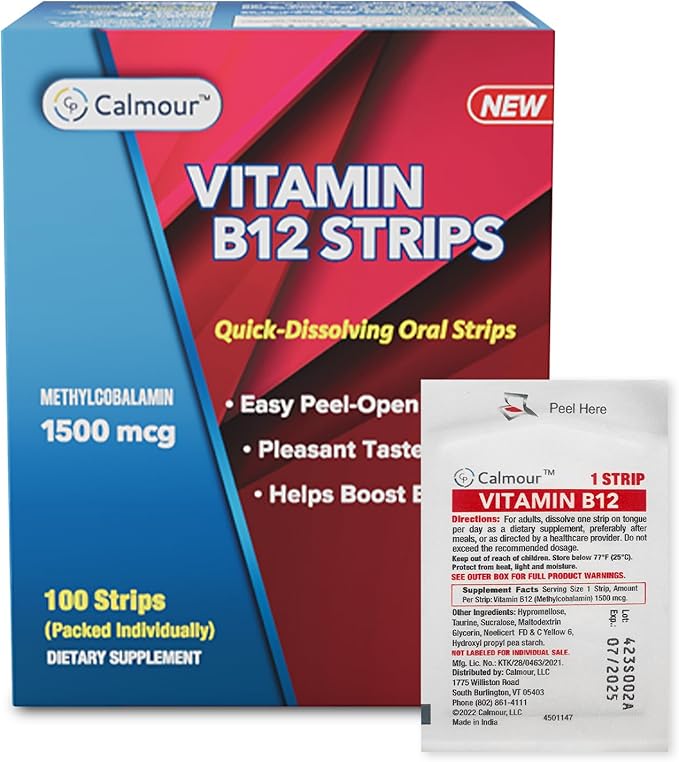Vitamin B12 Strips 100 Pack | Easy Oral Dissolvable Mint Flavored Strips | 1500 mcg Strips | Vit B12 Dissolve under Tongue | Methylcobalamin B-12 Vitamin Formula | Vegan Friendly &amp Gluten Free