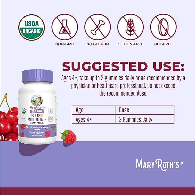 MaryRuth Organics Kids Vitamins | Multi | 1 Month Supply | Multivitamin Gummies for Ages 4+ | Multivitamin for Kids | Vegan | Only 2 Gummies a Day | 60 Count
