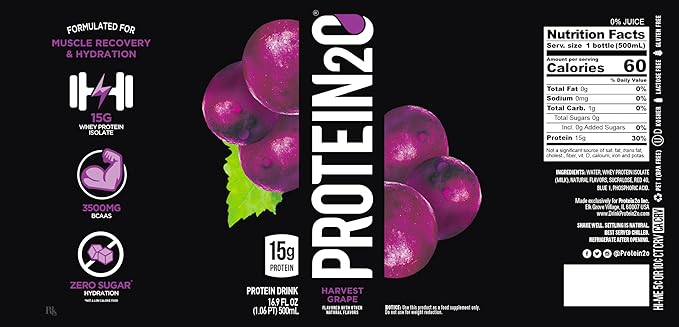 Protein2o 15g Whey Protein Isolate Infused Water Ready To Drink Sugar Free Gluten Free Lactose Free Harvest Grape 16.9 oz Bottle (Pack of 12)