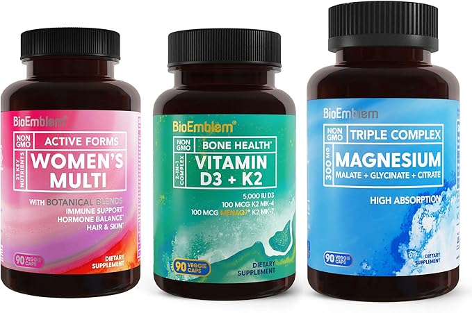 BioEmblem Triple Magnesium Complex and Vitamin D3 K2 and Women's Multivitamin