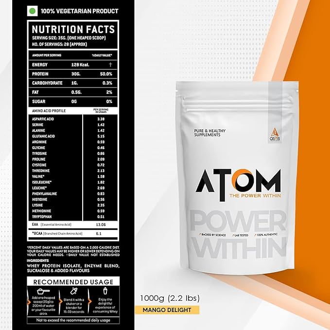 Asitis Nutrition Atom Whey Protein Isolate 1kg/35.2 Oz | 30g Protein 6.1g Bcaa &amp 13g Eaa | Ultra-pure Fast Acting Protein | Mango Delight Flavor No Added Sugar Cross-flow Microfiltered