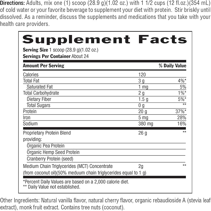 Biochem Vegan Protein Powder 20g Pure Plant-Based Protein per Serving Organic Pea Hemp &amp Cranberry Soy-Free Gluten-Free Vanilla 1.5 lb