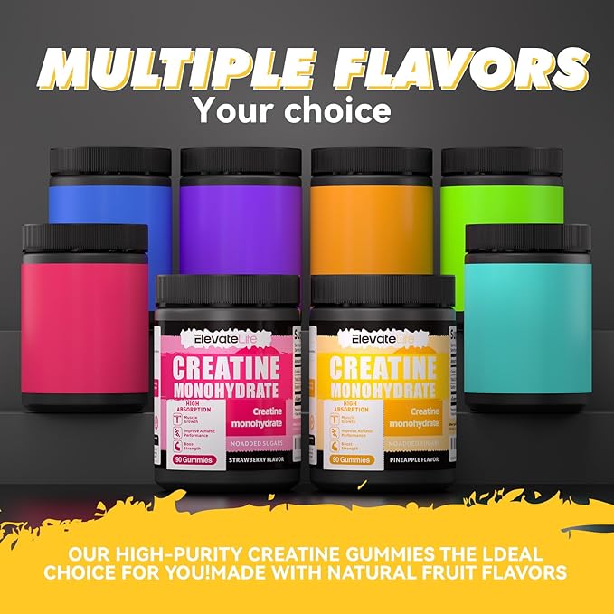 ElevateLife NSF Certified Creatine Monohydrate Gummies 5000mg for Men &amp Women Chewables Creatine Monohydrate for Muscle Strength Muscle Builder Energy Boost Pre-Workout Supplement-90 Pineapple
