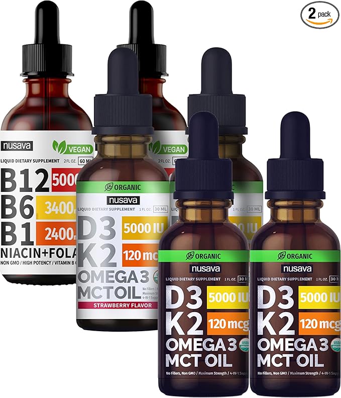 NUSAVA Unflavored D3 K2 Strawberry Flavored D3 K2 &amp Vitamin B12 Liquid Drops Bundle - Potent Liquid Vitamins for Heart Joint Energy &amp Immune Support - Non-GMO Gluten-Free 2pk Each