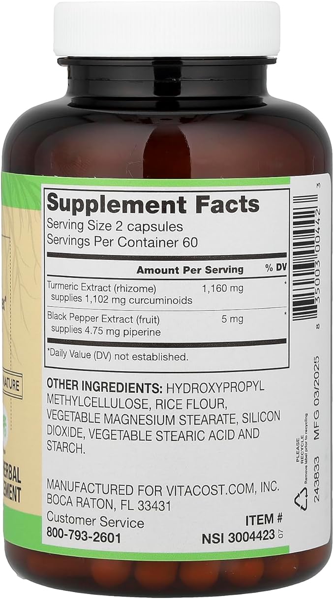 Vitacost Turmeric Extract Curcumin C3 Complex with Bioperine - 1160 mg per Serving - 120 Capsules