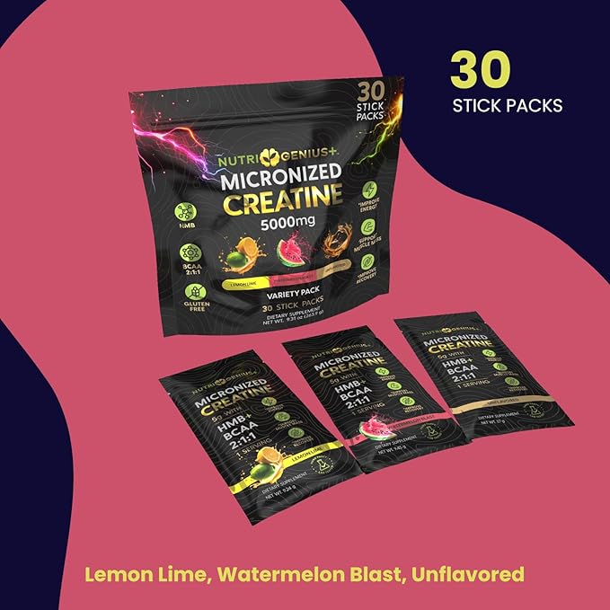 Nutri Genius Creatine Monohydrate 5g Stick Packs | BCAA 2:1:1 + HMB Pre &amp Post Workout Supplement | Muscle Energy Strength &amp Recovery | 30 Servings